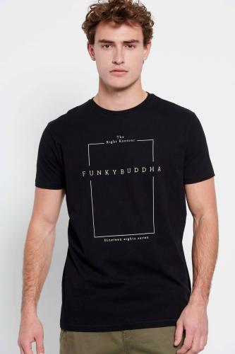 Funky Buddha ανδρικό T-shirt μονόχρωμο με contrast minimal logo print και logo label στο πλάι - FBM007-380-04 Μαύρο XXL